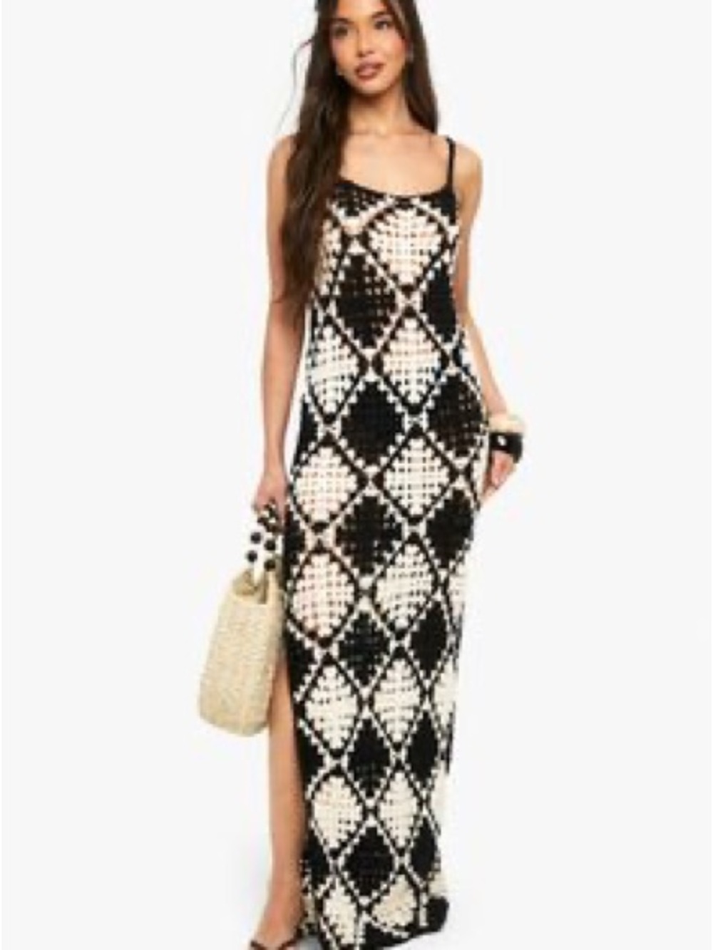 Boho Womens Black and Cream Crochet Maxi Dress with Side Slit